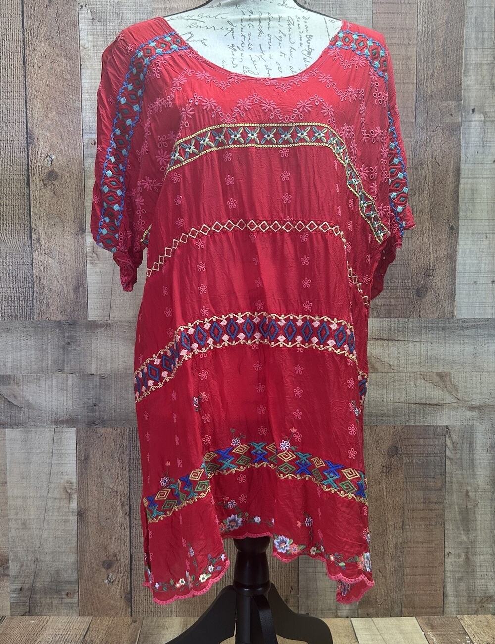JOHNNY WAS JWLA Deep True Red Rayon Embroidered Top Blouse Size Medium *flaw*